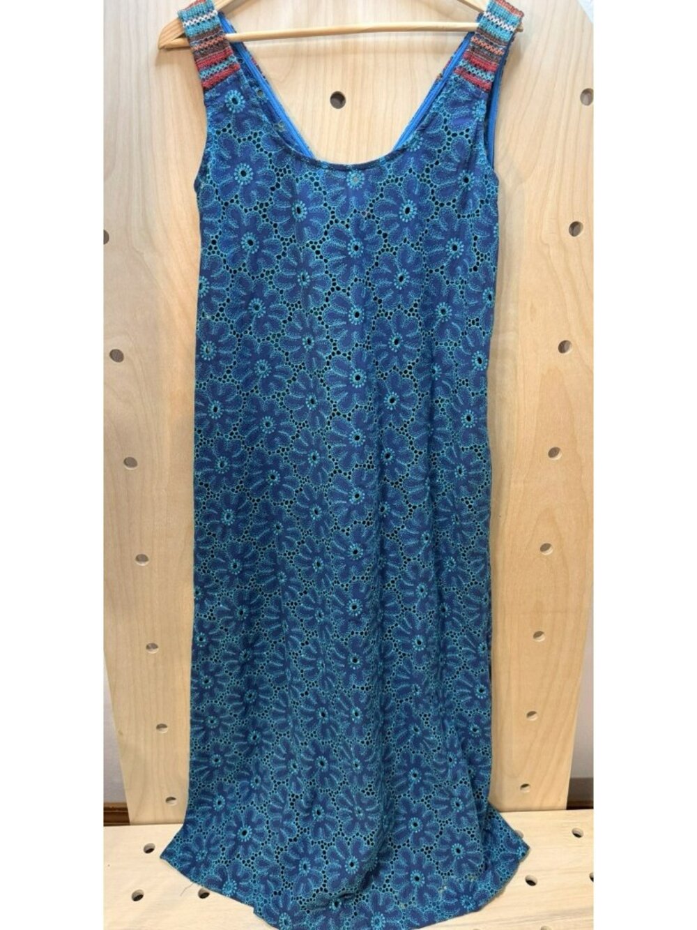 Save The Queen Italy Teal & Blue Eyelet Cotton Midi Dress Belted Boho Size M - Picture 7 of 16